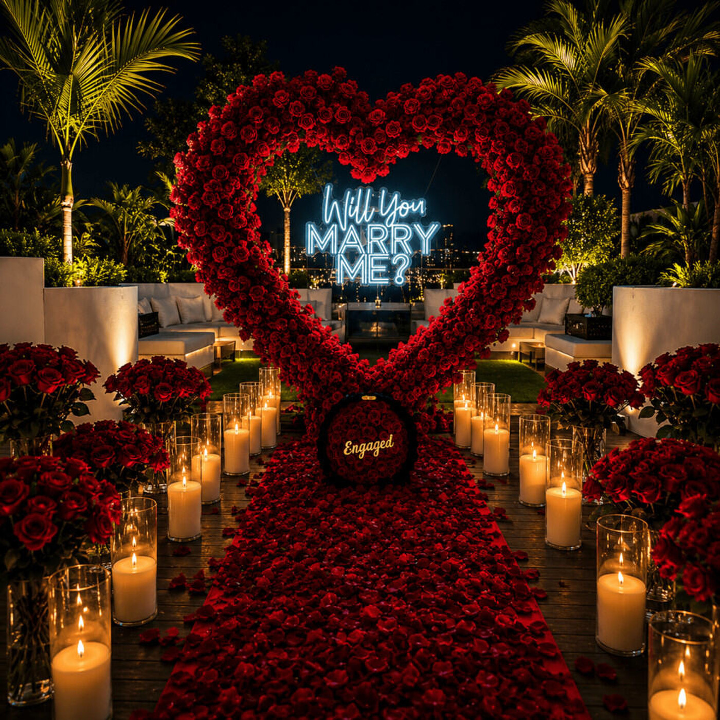 Luxury red rose heart arch proposal setup at night