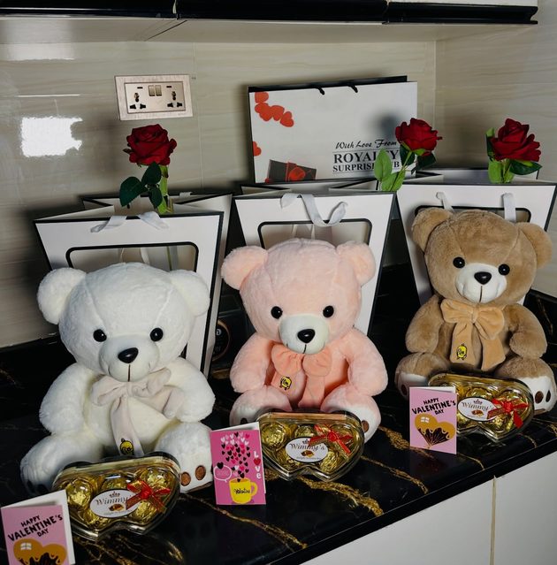 Teddy bear trio with chocolates