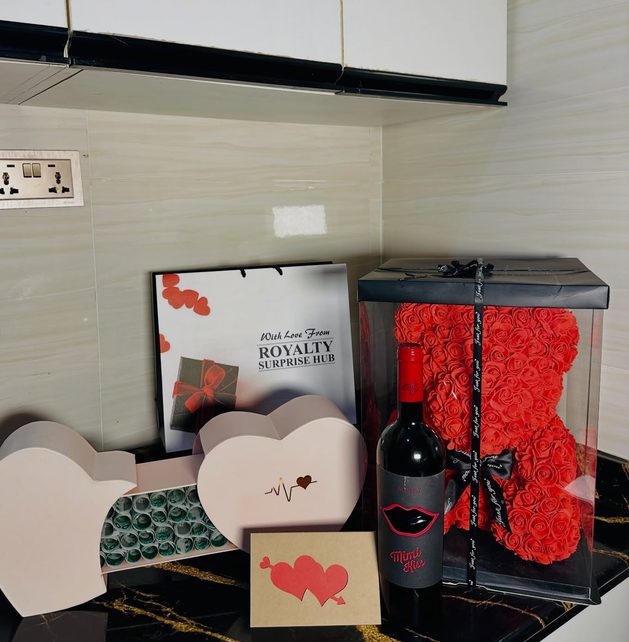 Rose bear and wine personalized gift set
