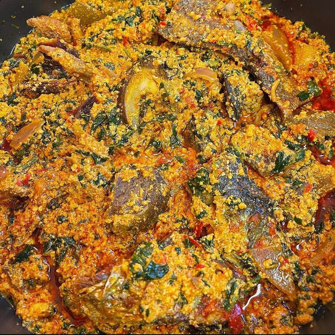 Seafood egusi soup with fish